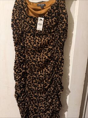 Express Leopard Print Ruched Midi Dress - Brown & Black
